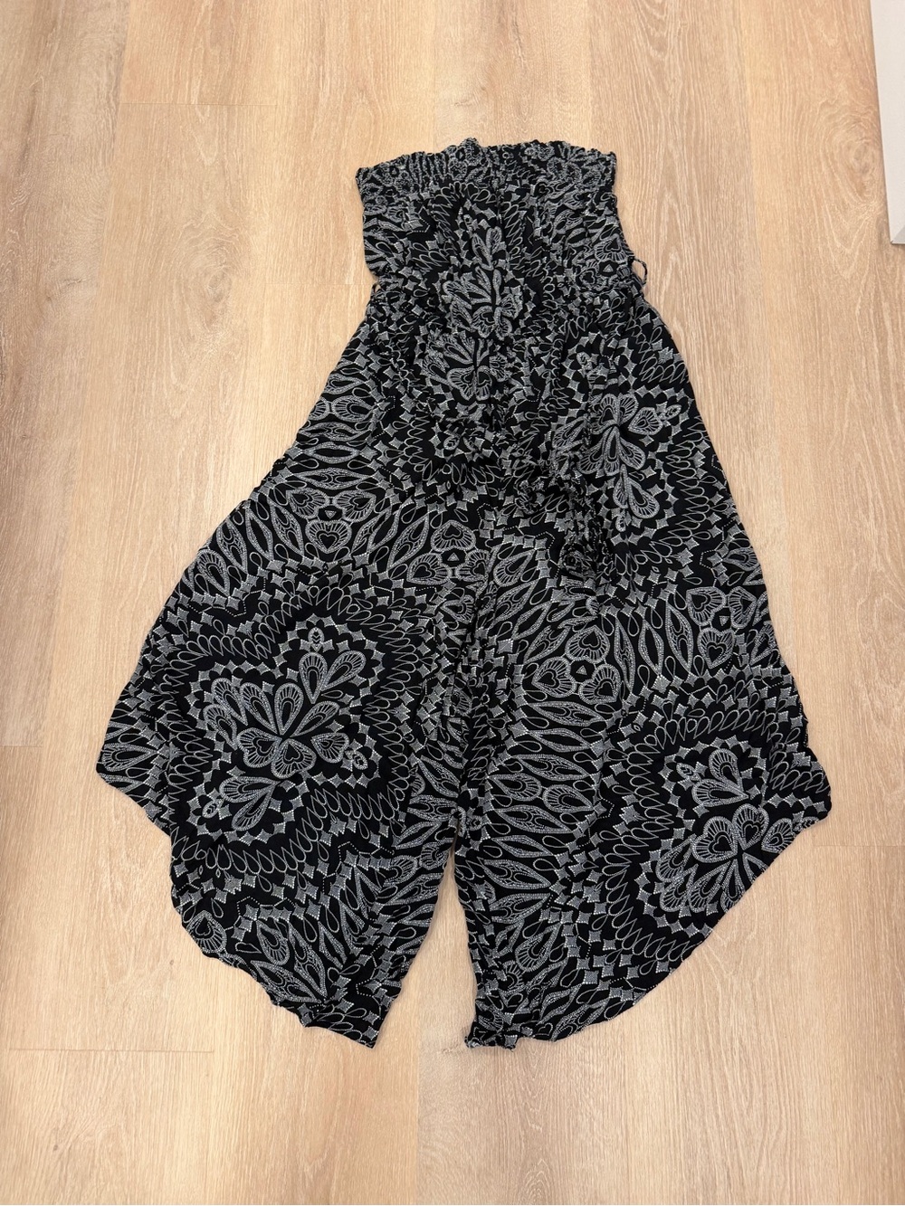 City Chic Strapless Smocked Black & Gray Patterned Jumpsuit